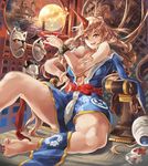  architecture bare_arms bare_shoulders barefoot blonde_hair blue_dress breasts castle chair cuffs cup dress east_asian_architecture face_mask fangs fox_mask full_moon himuro_(dobu_no_hotori) horn hoshiguma_yuugi hoshiguma_yuugi_(promo) large_breasts long_toenails looking_at_viewer mask moon night off_shoulder open_clothes open_dress pointy_ears red_eyes sakazuki shackles sitting sky solo spilling toenail_polish toenails touhou window 