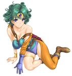  bare_shoulders blue_eyes blue_leotard boots breasts circlet cleavage curly_hair dragon_quest dragon_quest_iv elbow_gloves gloves green_hair heroine_(dq4) large_breasts leotard solo st.germain-sal strap strap_slip 