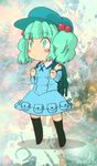  backpack bag black_legwear blue_eyes blue_hair blush_stickers chibi hair_bobbles hair_ornament hat izuxco kawashiro_nitori short_hair solo thighhighs touhou twintails two_side_up 