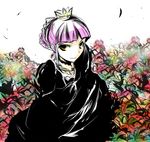  7th_dragon 7th_dragon_(series) alusha_(7th_dragon) amulet babel99 bangs black_dress blunt_bangs choker closed_mouth crown dress flower from_above gem highres jewelry looking_at_viewer necklace pink_hair princess_(7th_dragon) purple_hair robe sketch smile solo tiara tied_hair white_background wind yellow_eyes 