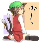  :t animal_ears ass bad_id bad_pixiv_id blush brown_eyes brown_hair cat_ears cat_tail chen earrings frown full_body hat jewelry looking_at_viewer looking_back multiple_tails panties pout ribbon shoes short_hair simple_background sitting solo tail tail_ribbon touhou underwear warabino_matsuri wariza 