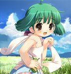  :d ahoge akiba_hideki bangs bare_arms blush brown_eyes child cloud day dress eyebrows_visible_through_hair fang from_side grass green_hair hand_on_hip looking_at_viewer macross macross_frontier open_mouth outdoors paw_pose ranka_lee scarf short_dress sky sleeveless sleeveless_dress smile solo strap_slip upper_body white_scarf younger 