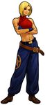  belt blonde_hair blue_mary crossed_arms fatal_fury fingerless_gloves gloves halterneck hiroaki_(kof) loose_belt midriff official_art short_hair smile solo the_king_of_fighters the_king_of_fighters_xi 