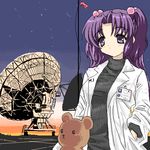  america black_sweater clannad hair_bobbles hair_ornament ichinose_kotomi labcoat long_hair motion_blur name_tag nasa_logo purple_eyes purple_hair radio_telescope solo stuffed_animal stuffed_toy sweater teddy_bear toshi_(little-fluffy-cloud) turtleneck twilight two_side_up 