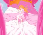  aisaka_taiga barefoot bed canopy_bed closed_eyes feet fetal_position lamp long_hair lying nightgown on_side open_mouth orange_hair pillow pink pink_background shade sleeping solo te2 toradora! 