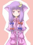  animal_ears blush bow capelet cat_ears crescent crescent_hair_ornament downcast_eyes hair_bow hair_ornament hane_(hanegoya) kemonomimi_mode long_hair no_hat no_headwear patchouli_knowledge purple_eyes purple_hair robe sad shy simple_background solo touhou 