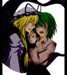  abuse breasts bruise chain cleavage cuffs gap handcuffs injury kazami_yuuka makoto_jon medium_breasts multiple_girls one_eye_closed sideways_mouth touhou upper_body yakumo_yukari yuri 