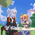  blue_eyes braid cup dragon girl_with_a_blonde_braid_(tomoshibi_hidekazu) long_hair lowres mof mof's_silver_haired_twintailed_girl multiple_girls oekaki orange_hair original silver_hair teacup teapot twintails very_long_hair 