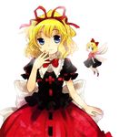  black_ribbon black_shirt blonde_hair blue_eyes bow bowtie closed_mouth doll dress eyebrows_visible_through_hair fairy_wings frilled_shirt_collar frills hair_ribbon hand_to_own_mouth large_bow looking_at_viewer medicine_melancholy puffy_short_sleeves puffy_sleeves red_ribbon red_skirt ribbon ribbon-trimmed_clothes ribbon-trimmed_shirt ribbon-trimmed_skirt ribbon_trim sash shirt short_hair short_sleeves simple_background skirt smile solo su-san tachitsu_teto touhou white_background white_collar wings 