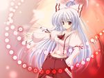  bad_id bad_pixiv_id bangs blush bow danmaku fujiwara_no_mokou hair_bow highres hiyori-o long_hair midriff red_eyes silver_hair smile solo suspenders touhou 