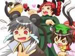  3girls animal_ears basket black_bow bow braid brown_eyes brown_hair cat_ears cat_tail chen dress eyebrows eyebrows_visible_through_hair fangs flying_sweatdrops green_dress grey_hair hair_between_eyes hair_bow hat heart kaenbyou_rin long_sleeves mob_cap mouse mouse_ears mouse_tail multiple_girls multiple_tails nazrin open_mouth paw_pose red_eyes red_hair saiki-akira short_hair tail tears touhou twin_braids 