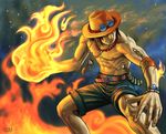  2009 fire freckles hat jewelry male_focus matataku necklace one_piece portgas_d_ace shirtless shorts smoke solo tattoo 