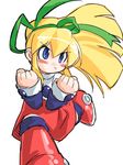  angry artist_request blonde_hair blue_eyes hair_ribbon long_hair ponytail ribbon rockman rockman_(classic) roll solo 