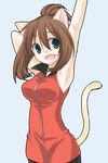  :d animal_ears armpits artist_request breasts brown_hair cat_ears cat_tail fang green_eyes kemonomimi_mode medium_breasts odamaki_sapphire open_mouth pokemon pokemon_special short_hair simple_background smile solo standing stretch tail upper_body 