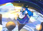  akatoro_(nightlord) blue_hair food fruit hat highres hinanawi_tenshi leaf long_hair peach red_eyes solo sword sword_of_hisou touhou weapon 