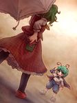  antennae ascot beetle blue_eyes bug cape dutch_angle from_behind green_hair insect kazami_yuuka mary_janes multiple_girls pants pantyhose parasol plaid plaid_skirt plaid_vest sankuma shoes short_hair skirt skirt_set stag_beetle touhou umbrella vest wriggle_nightbug 