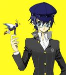  blue_hair buttons cabbie_hat glasses hat heart inuneko_(dcwn) persona persona_4 reverse_trap school_uniform shirogane_naoto short_hair simple_background sukuna_hikona yasogami_school_uniform yellow_background 