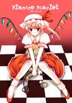  azumi_kazuki blonde_hair blush character_name checkered flandre_scarlet hat sitting solo stuffed_animal stuffed_toy teddy_bear tiles touhou v_arms wings 
