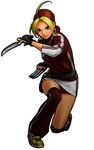  ahoge bandana belt belt_pouch blonde_hair claws dual_wielding earrings fighting_stance full_body hiroaki_(kof) holding hoop_earrings jewelry kneeling knife malin miniskirt necklace official_art pencil_skirt pouch red_eyes shoes short_hair simple_background skirt smile sneakers solo striped the_king_of_fighters the_king_of_fighters_xi thighhighs turtleneck 