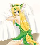  bad_id bad_pixiv_id bare_shoulders barefoot bed blonde_hair blue_eyes dress helmet long_hair low-tied_long_hair riesz seiken_densetsu seiken_densetsu_3 smile very_long_hair winged_helmet ya-shi 