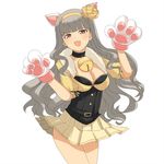  animal_ears bell beyond_the_nobles breasts cat_ears cat_paws choker cleavage fang grey_hair hair_ornament hairband idolmaster idolmaster_(classic) idolmaster_sp large_breasts long_hair maro_nie miniskirt paws pleated_skirt red_eyes shijou_takane silver_hair skirt smile solo yellow_hairband 