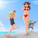  2girls barefoot beach bikini black_hair blonde_hair brown_eyes buront child day feet final_fantasy final_fantasy_xi hakurei_reimu long_hair multiple_girls oka_takeshi one-piece_swimsuit outdoors outstretched_arms red_eyes rumia short_hair spread_arms swimsuit the_iron_of_yin_and_yang touhou 