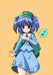  backpack bag blue_eyes blue_hair hair_bobbles hair_ornament hat kawashiro_nitori key makina_assault musical_note solo touhou twintails two_side_up 