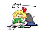  blonde_hair chibi fang glomp gohei green_hair hair_ribbon hug kochiya_sanae kuze multiple_girls ribbon rumia touhou 