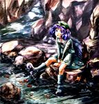  :p backpack bad_id bad_pixiv_id bag blue_eyes blue_hair hair_bobbles hair_ornament hat kawashiro_nitori mkm nature river solo tongue tongue_out touhou twintails 