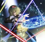  alice_margatroid blonde_hair doll expressionless foreshortening green_eyes hands hexagram jewelry kasu_kazu lance magic_circle polearm ribbon ring shanghai_doll short_hair solo touhou weapon 