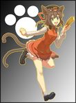  animal_ears brown_hair cat_ears cat_tail chen green_eyes hat highres if_they_mated kusanagi_kaoru multiple_tails paw_print rod_of_remorse shiki_eiki short_hair solo tail touhou windowboxed 