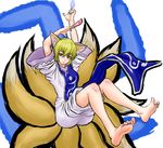  animal_ears barefoot feet fox_ears highres kuro_suto_sukii open_mouth soles solo swastika tail toes touhou yakumo_ran yellow_eyes 