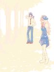  1girl bare_shoulders beret black_hair blonde_hair blue_dress dress full_body hat long_hair macross macross_frontier outdoors pants plant saotome_alto sheryl_nome standing tree wavy_hair 