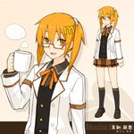  :d bangs black_legwear blazer blush buttons coffee cup flat_chest glasses hair_between_eyes hair_ornament jacket kneehighs loafers looking_at_viewer lowres mikushi_mocha miniskirt mixi mug multiple_views open_clothes open_mouth open_shirt orange_eyes orange_hair parted_bangs personification pleated_skirt product_girl ribbon samoni_ouka school_uniform semi-rimless_eyewear shadow shirt shoes short_hair short_twintails skirt smile socks standing steam striped striped_background twintails under-rim_eyewear upper_body 