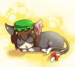  animal_ears bad_id bad_pixiv_id brown_hair cat cat_ears cat_tail chen chen_(cat) earrings hat jewelry multiple_tails ribbon short_hair sleeping sokomushi solo tail tail_ribbon touhou 