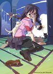  adjusting_eyewear bakemonogatari black_hair braid cat feet glasses hanekawa_tsubasa legs long_hair monogatari_(series) nekomonogatari official_art pantyhose shoes single_shoe solo twin_braids watanabe_akio 