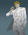  baccano! blonde_hair blood blue_eyes bow bowtie formal gb_(doubleleaf) grin knife ladd_russo long_sleeves male_focus pants smile solo suit 
