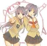  2girls book botan_(clannad) clannad fujibayashi_kyou fujibayashi_ryou hikarizaka_private_high_school_uniform long_hair multiple_girls purple_eyes purple_hair school_uniform short_hair siblings sisters twins v 