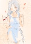  apron blush closed_eyes heart jewelry machiko_(beard) naked_apron open_mouth pinky_out ring silver_hair smile solo touhou yagokoro_eirin 