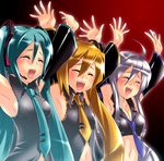  \(^o^)/ ahoge akita_neru album_cover armpits arms_up blonde_hair caffein cheering cover detached_sleeves green_hair hands hatsune_miku long_hair midriff multiple_girls ponytail ribbon silver_hair smile tears twintails vocaloid voyakiloid yowane_haku 