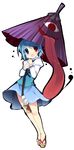  blue_eyes blue_hair geta heterochromia karakasa_obake oriental_umbrella purple_umbrella red_eyes rfa sandals solo tatara_kogasa tongue touhou umbrella 