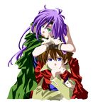  1girl androgynous bandana brown_hair butz_klauser chin_rest crossed_arms faris_scherwiz final_fantasy final_fantasy_v kurosuema leaning on_head person_on_head purple_hair reverse_trap tomboy 