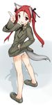  animal_ears hair_ribbon hand_on_hip legs long_hair looking_back minna-dietlinde_wilcke open_mouth panties red_eyes red_hair ribbon shikkaku solo strike_witches tail twintails underwear uniform wolf_ears world_witches_series 