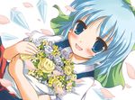  bad_id bad_pixiv_id blue_eyes blue_hair blush cirno flower kawai_kei_(artist) petals solo touhou 