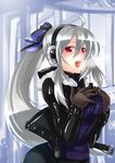  ahoge breasts caffein earmuffs gloves jacket large_breasts leather long_hair ponytail red_eyes ribbon silver_hair smile solo sweater very_long_hair vocaloid voyakiloid winter yowane_haku 