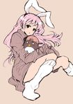  aki_masanari animal_ears bird bunny_ears hat long_hair loose_socks original penguin pink_hair socks solo 