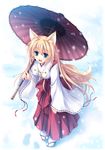  animal_ears blonde_hair blue_eyes detached_sleeves fang fox_ears fox_tail hand_on_thigh highres japanese_clothes leaning_forward long_hair miko open_mouth oriental_umbrella original parasol smile snow solo tabi tail tateha_(marvelous_grace) umbrella very_long_hair 