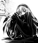  babel99 dress greyscale hairband knees_on_chest leg_hug light_rays lolita_hairband looking_at_viewer monochrome rozen_maiden simple_background solo suigintou white_background window 
