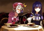  2girls alcohol bad_id bad_pixiv_id blonde_hair blue_eyes blue_hair blush broccoli carrot cat_tail chair closed_eyes cup dress drinking_glass eating food fork frederica_bernkastel hat knife lambdadelta long_hair meat multiple_girls pink_dress pink_hat pumpkin ribbon short_hair sora_(efr) table tail tears umineko_no_naku_koro_ni vegetable wine wine_glass 