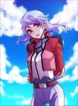  anew_returner arms_behind_back bad_id bad_pixiv_id bodysuit celestial_being_uniform contrapposto cowboy_shot gloves gundam gundam_00 lavender_hair looking_at_viewer otsuo red_eyes short_hair solo standing white_gloves 